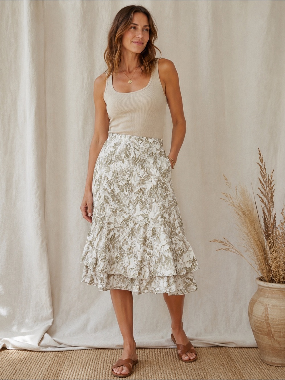 Coldwater Creek Cotton Botanical Fern Midi Skirt 100% Cotton Size M 10-12